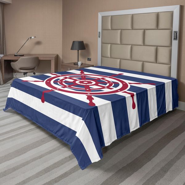 Abakuhaus Lenzuolo Con Timone, Illustrazione Dell'icona Del Timone Di Una Nave Su Sfondo A Righe Artwok, Lenzuolo Morbido E Confortevole Per Un Letto Decorativo 1 Pezzo 275 Cm X 260 Cm, Blu Navy Rosso-image