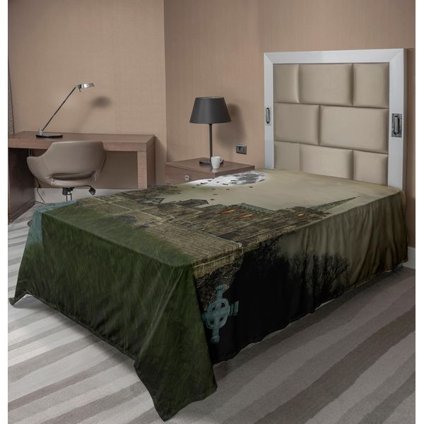 Abakuhaus Lenzuolo Gotico, Antico Villaggio E Tombe Con Castello Medievale E Luna Piena, Uccello, Nebbia, Arte Horror, Lenzuolo Morbido E Confortevole Per Un Letto Decorativo, 1 Pezzo, 190 Cm X 100 Cm, Beige Verde-image