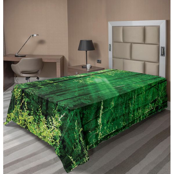 Abakuhaus Lenzuolo Da Letto Bosco, Raggi Di Sole, Foglie Degli Alberi Del Bosco, Mattino Nebbioso, Serenità, Immagine Scoppiettante, Lenzuolo Superiore Morbido E Confortevole Per Un Letto Decorativo, 1 Pezzo, 190 Cm X 100 Cm, Verde Bianco-image
