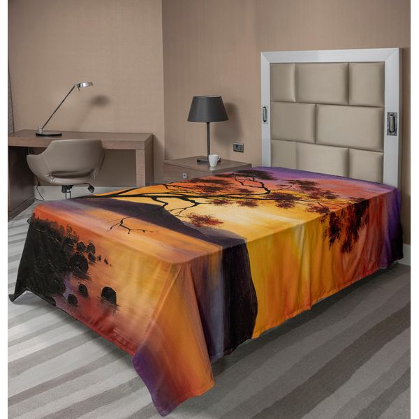 Abakuhaus Lenzuolo, Immagine Di Un Vecchio Albero Che Si Piega Sul Fiume Con Paesaggio Montano Al Tramonto, Lenzuolo Morbido E Confortevole Per Un Letto Decorativo 1 Pezzo 190 Cm X 100 Cm, Arancione Bruciato Viola-image