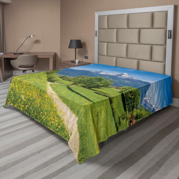 Abakuhaus Lenzuolo Da Letto, Paesaggio Primaverile Nelle Alpi Con Fiori, Erba, Neve, Cime Montuose, Villaggio Rurale, Lenzuolo Morbido E Confortevole Per Un Letto Decorativo, 1 Pezzo, 275 Cm X 260 Cm, Multicolore-image
