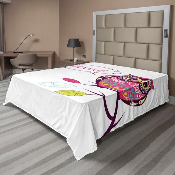 Abakuhaus Lenzuolo Con Gufo, Elaborato Gufo Colorato Su Un Ramo, Immagine Artistica Myst Animal Con Volto Piatto, Lenzuolo Morbido E Confortevole Per Un Letto Decorativo 1 Pezzo 244 Cm X 205 Cm, Bianco Viola Rosa-image