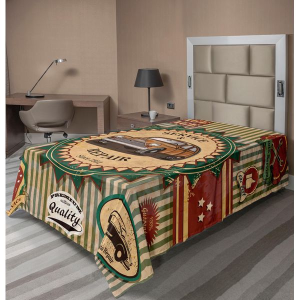 Abakuhaus Lenzuolo Retrò, Collezione Di Adesivi Retrò Vintage Con Auto Dai Colori Tenui Anni '60 Ironia Pop Art, Lenzuolo Morbido E Confortevole Per Un Letto Decorativo 1 Pezzo 260 Cm X 168 Cm, Crema Verde Rosso-image