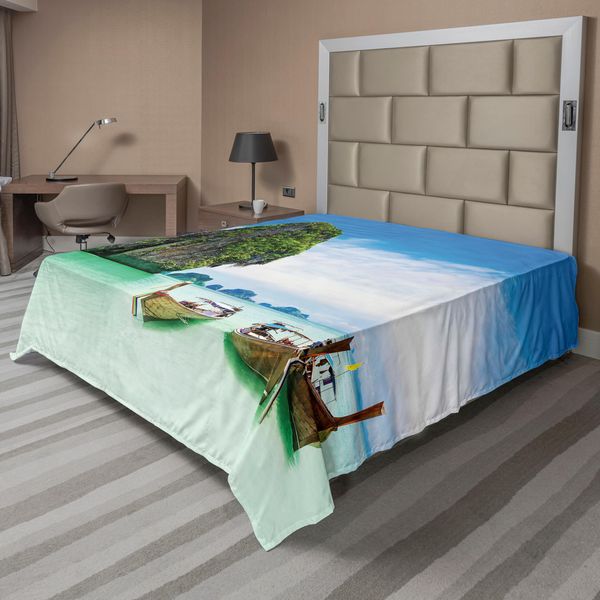 Abakuhaus Lenzuolo, Roccia Calcarea Nel Mare Con Barche, Cielo Sereno, Costa Con Orizzonte Lontano, Foto Naturalistica, Lenzuolo Morbido E Confortevole Per Un Letto Decorativo, 1 Pezzo, 266 Cm X 260 Cm, Multicolore-image