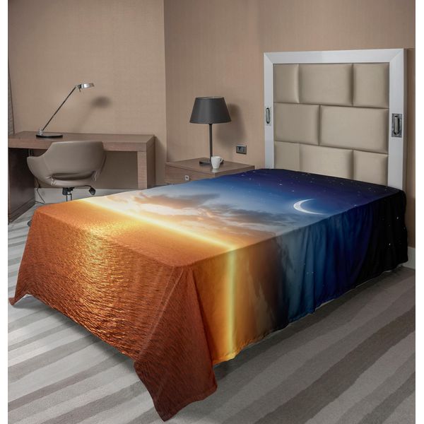 Abakuhaus Lenzuolo Ocean, Tramonto Cielo Luna Stelle Orizzonte Paesaggio Fantasia Stampa, Morbido E Confortevole Lenzuolo Superiore Per Un Letto Decorativo 1 Pezzo 190 Cm X 100 Cm, Blu Navy Giallo Arancione-image