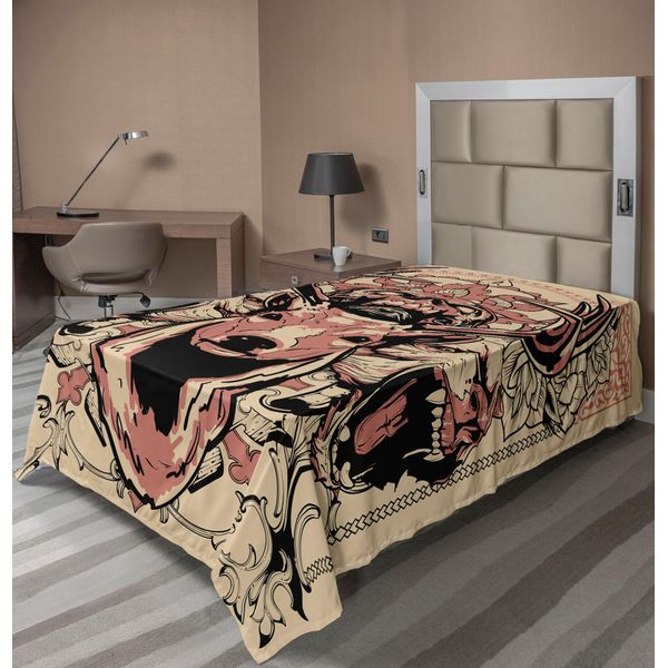 Abakuhaus Lenzuolo Hirsch, Illustrazione Artistica Moderna Con Teschi Di Lupi E Motivi Floreali Maestosi, Morbido E Confortevole Lenzuolo Superiore Per Un Letto Decorativo 1 Pezzo 190 Cm X 100 Cm, Nero Beige Rosa-image