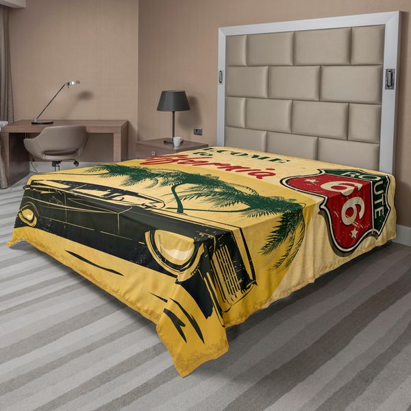 Abakuhaus Lenzuolo Retrò, Stampa Retrò Welcome To California Pubblicità Di Hollywood In Stile Pop Art, Lenzuolo Morbido E Confortevole Per Un Letto Decorativo 1 Pezzo 260 Cm X 228 Cm, Verde Smeraldo Rosso-image