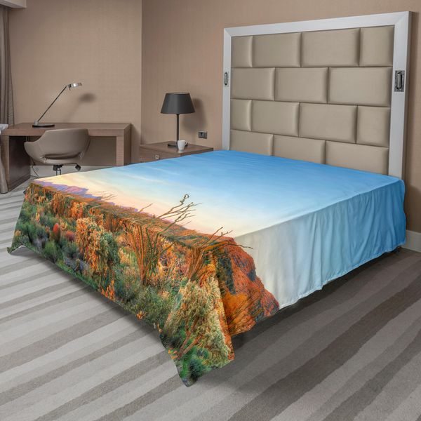 Abakuhaus Lenzuolo Saguaro, Sun Goes Down Desert Cactus Cactus Southwest Texas National Park, Morbido E Confortevole Lenzuolo Superiore Per Un Letto Decorativo 1 Pezzo 266 Cm X 260 Cm, Arancione Verde Blu-image