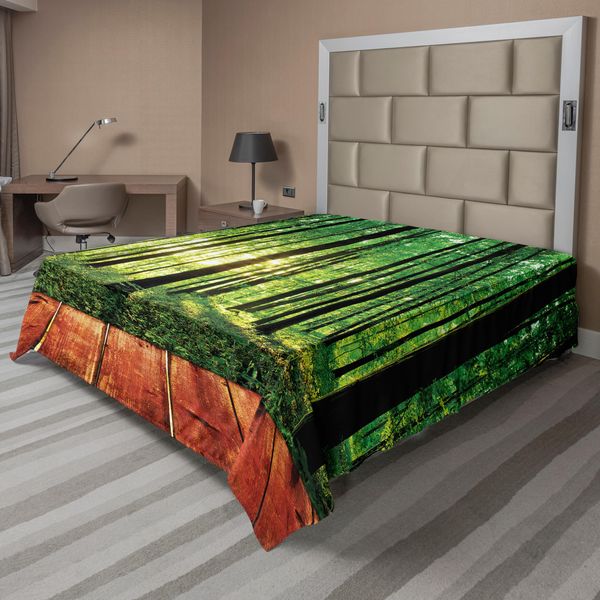 Abakuhaus Lenzuolo Da Letto Bosco, Alberi Immagine Bosco Con Raggi Di Sole Interni Come Sfondo Pavimento In Legno Stampa Artistica, Lenzuolo Superiore Morbido E Confortevole Per Un Letto Decorativo 1 Pezzo 266 Cm X 260 Cm, Verde Marrone-image