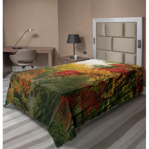Abakuhaus Lenzuolo Da Letto, Aceri In Autunno A Portland Giardino Giapponese Paesaggio Mattutino Nebbioso, Morbido E Confortevole Lenzuolo Superiore Per Un Letto Decorativo 1 Pezzo 190 Cm X 100 Cm, Giallo Verde Rosso-image