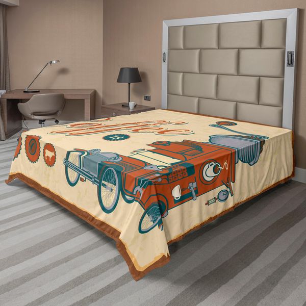 Abakuhaus Lenzuolo Retrò, Design Commerciale Artistico Con Camion Vintage E Macinacaffè Vecchio Stile, Lenzuolo Morbido E Confortevole Per Un Letto Decorativo 1 Pezzo 266 Cm X 260 Cm, Crema Arancione Grigio-image