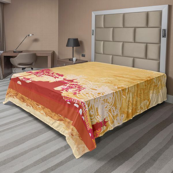 Abakuhaus Lenzuolo Asiatico, Tempio Con Altri Elementi Etnici Asiatici Religiosi Stampati, Lenzuolo Morbido E Confortevole Per Un Letto Decorativo 1 Pezzo 244 Cm X 205 Cm, Arancione Persiano E Rosa-image