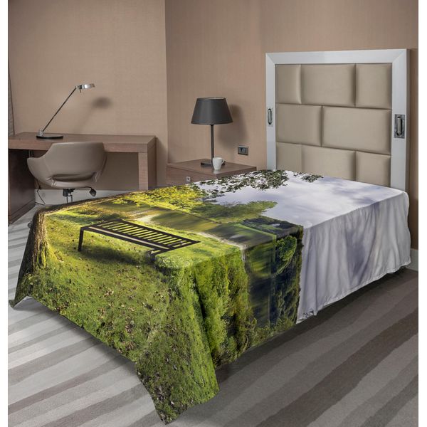 Abakuhaus Lenzuolo Da Letto, Una Panchina Che Si Affaccia Sul Lago In Una Giornata Nuvolosa, Stampa Paesaggistica Stourhead, Morbido E Confortevole Lenzuolo Superiore Per Un Letto Decorativo, 1 Pezzo, 190 Cm X 100 Cm, Verde Grigio-image