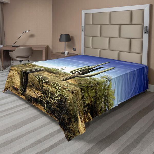 Abakuhaus Lenzuolo Saguaro, Cactus Saguaro Alto Con Spine Lascia Piante Del Deserto In Stampa Giorno Soleggiato, Lenzuolo Morbido E Confortevole Per Un Letto Decorativo 1 Pezzo 266 Cm X 260 Cm, Blu Verde-image