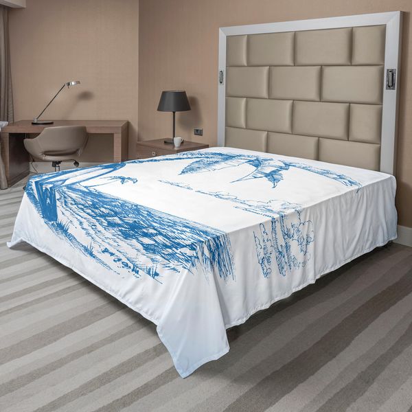 Abakuhaus Lenzuolo Da Letto Surf, Illustrazione Moderna Con Disegno Di Spiaggia Hawaiana Con Tavola Da Surf, Palme E Acqua Dell'oceano, Lenzuolo Morbido E Confortevole Per Un Letto Decorativo, 1 Pezzo, 244 Cm X 205 Cm, Blu E Bianco-image