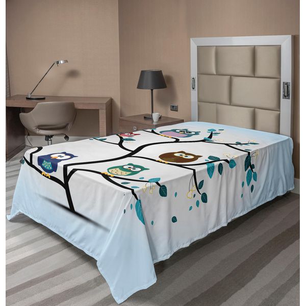 Abakuhaus Lenzuolo Con Gufi, Famiglia Di Gufi Appollaiati Su Un Albero Love Grace Animali Notturni Con Stampa Naturale, Lenzuolo Morbido E Confortevole Per Un Letto Decorativo 1 Pezzo 260 Cm X 168 Cm, Multicolore-image