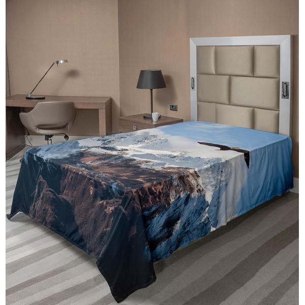 Abakuhaus Lenzuolo Da Letto, Cime Ghiacciate In Cima Alla Montagna Con Un'aquila In Volo Libera Nella Natura Foto, Morbido E Confortevole Lenzuolo Da Letto Per Un Letto Decorativo 1 Pezzo 260 Cm X 168 Cm, Marrone Bianco Blu-image