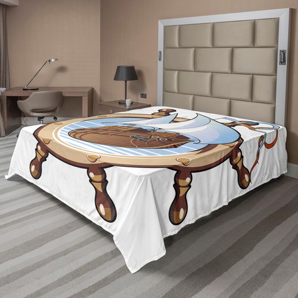 Abakuhaus Lenzuolo Con Timone, Immagine Della Nave Nel Design Del Timone, Tema Marino Avventuroso, Grafica, Lenzuolo Morbido E Confortevole Per Un Letto Decorativo, 1 Pezzo, 260 Cm X 228 Cm, Marrone Blu-image