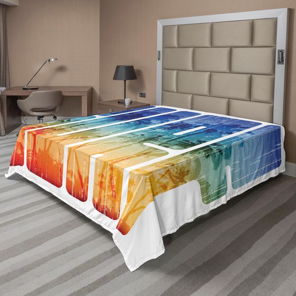 Abakuhaus Lenzuolo Da Letto Surf, Lettere Retrò Estive Sul Surf, La Costa Con Palme Che Riflettono L'arte Degli Sport Estremi, Lenzuolo Morbido E Confortevole Per Un Letto Decorativo 1 Pezzo 244 Cm X 205 Cm, Blu Navy Arancione-image