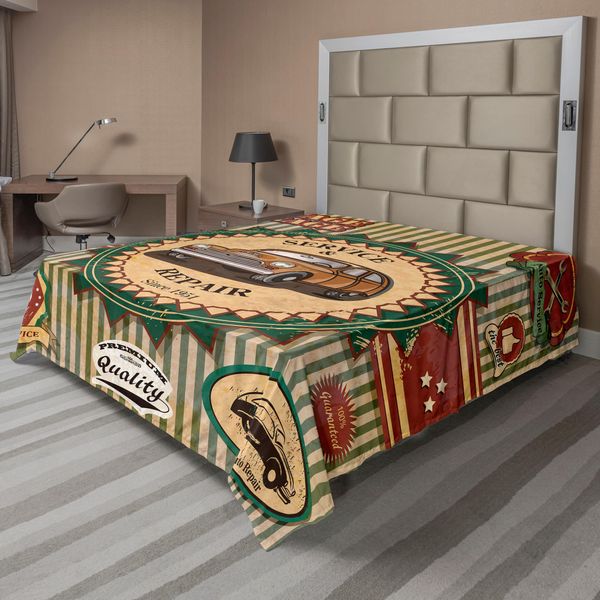 Abakuhaus Lenzuolo Retrò, Collezione Di Adesivi Retrò Vintage Con Auto Dai Colori Tenui Anni Sessanta Ironia Pop Art, Lenzuolo Morbido E Confortevole Per Un Letto Decorativo 1 Pezzo 260 Cm X 228 Cm, Crema Verde Rosso-image