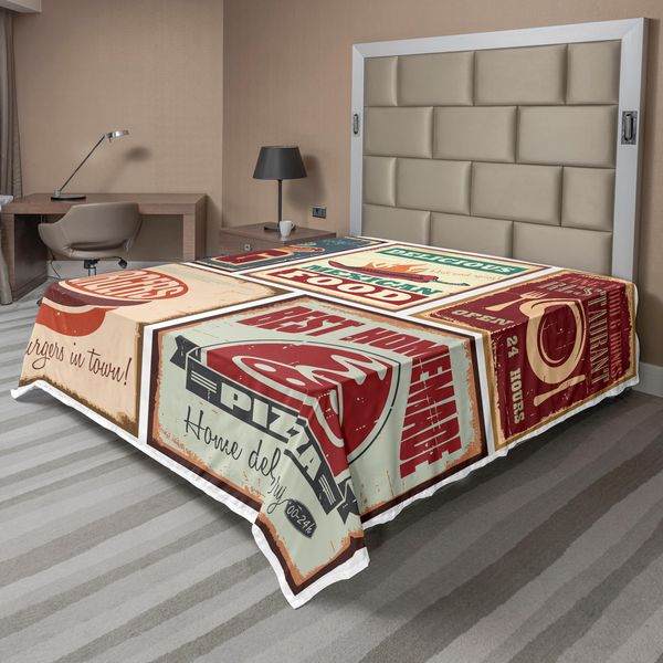 Abakuhaus Lenzuolo Retrò, Insegne Nostalgiche In Latta E Cibo Messicano Stampato In Stile Logo Pubblicitario Vintage, Morbido E Confortevole Lenzuolo Superiore Per Un Letto Decorativo 1 Pezzo 275 Cm X 260 Cm, Multicolore-image