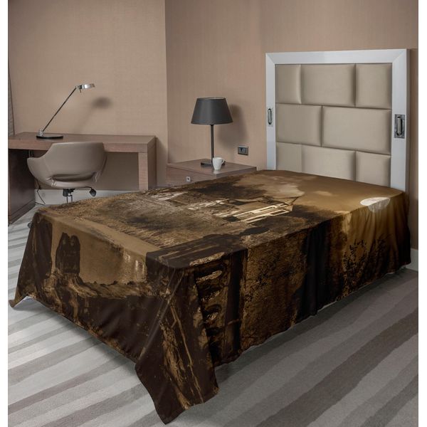 Abakuhaus Lenzuolo Gotico, Foto Di Una Vecchia Casa Medievale In Stile Retrò Vintage Con Luna Piena In Stile Boho, Lenzuolo Morbido E Confortevole Per Un Letto Decorativo 1 Pezzo 190 Cm X 100 Cm, Marrone-image