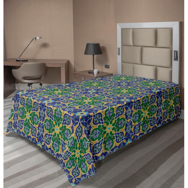 Abakuhaus Lenzuolo Orientale, Motivi Orientali Mosaico Decorativo Con Arte Tribale Damascata, Lenzuolo Morbido E Confortevole Per Un Letto Decorativo 1 Pezzo 190 Cm X 100 Cm, Giallo Verde Verde Acqua-image