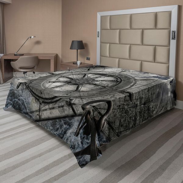 Abakuhaus Lenzuolo Con Timone, Illustrazione Retrò Di Attrezzatura Di Navigazione Con Diagramma Del Timone E Catene Di Ancoraggio, Lenzuolo Morbido E Confortevole Per Un Letto Decorativo 1 Pezzo 275 Cm X 260 Cm, Grigio Antracite-image
