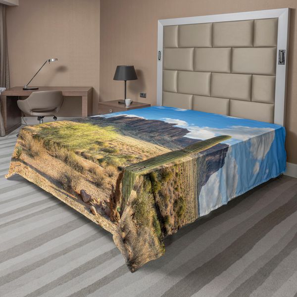 Abakuhaus Lenzuolo Saguaro, Gola Scogliera Con Cielo Nublato Drastico Terreno Sud-Occidentale Spazio Natura, Morbido E Confortevole Lenzuolo Superiore Per Un Letto Decorativo 1 Pezzo 266 Cm X 260 Cm, Marrone Verde Blu-image