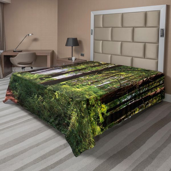 Abakuhaus Lenzuolo Da Letto Bosco, Sentiero Nel Bosco E Tronchi Robusti, Erba, Paesaggio Selvaggio Unico, Lenzuolo Superiore Morbido E Confortevole Per Un Letto Decorativo, 1 Pezzo, 275 Cm X 260 Cm, Verde Marrone-image