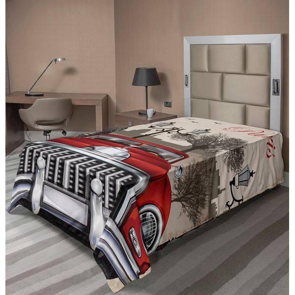 Abakuhaus Lenzuolo Retrò, Paesaggio Urbano Parigino Europeo Con Auto D'epoca Mousque Eiffel Silhouette Art, Lenzuolo Morbido E Confortevole Per Un Letto Decorativo 1 Pezzo 190 Cm X 100 Cm, Rosso Crema Grigio-image