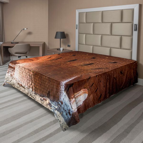Abakuhaus Lenzuolo Industriale, Vista Grandangolare Vecchio Muro Edificio In Mattoni Abbandonato Sviluppo Scientifico, Lenzuolo Morbido E Confortevole Per Un Letto Decorativo 1 Pezzo 244 Cm X 205 Cm, Arancione-image