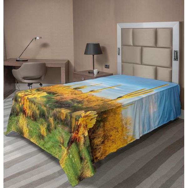 Abakuhaus Lenzuolo Saguaro, Sun Bath Nel Deserto Di Sonora, Cactus In Fiore, Paesaggio Primaverile, Lenzuolo Morbido E Confortevole Per Un Letto Decorativo, 1 Pezzo, 190 Cm X 100 Cm, Blu Marigold E Verde.-image