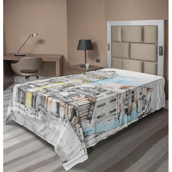 Abakuhaus Lenzuolo Medievale, Disegno Pallido In Stile Medievale, Paesaggio Urbano Europeo Antico, Lenzuolo Morbido E Confortevole Per Un Letto Decorativo, 1 Pezzo 190 Cm X 100 Cm, Multicolore-image