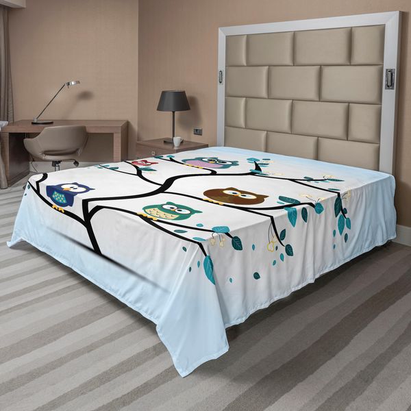 Abakuhaus Lenzuolo Con Gufi, Famiglia Di Gufi Appollaiati Su Un Albero Love Grace Animali Notturni In Stampa Naturale, Lenzuolo Morbido E Confortevole Per Un Letto Decorativo 1 Pezzo 275 Cm X 260 Cm, Multicolore-image