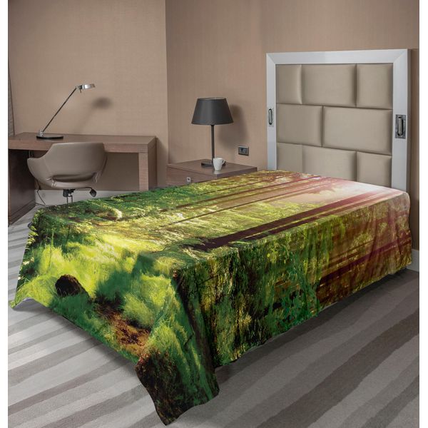 Abakuhaus Lenzuolo Da Letto Bosco, Bosco Primavera Tramonto Muschio Boschi Natura Selvaggia Fantasia Magica Vista Stampa, Lenzuolo Da Letto Morbido E Confortevole Per Un Letto Decorativo 1 Pezzo 190 Cm X 100 Cm, Verde Marrone-image