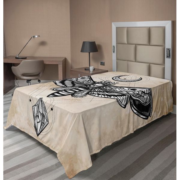 Abakuhaus Lenzuolo Fantasia, Teschio Falco Falena Con Luna E Pietra Teschio Spirituale Magico, Lenzuolo Superiore Morbido E Confortevole Per Un Letto Decorativo 1 Pezzo 190 Cm X 100 Cm, Bianco Nero E Crema-image