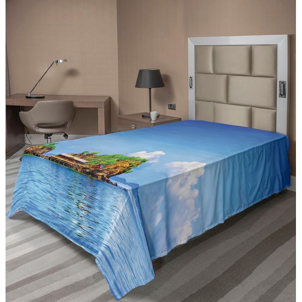 Abakuhaus Lenzuolo, Foto Isole Tropicali Nell'oceano Pacifico Con Cielo Vivace Vista Idillio Pacifico, Morbido E Confortevole Lenzuolo Superiore Per Un Letto Decorativo 1 Pezzo 260 Cm X 168 Cm, Blu Bianco-image