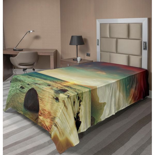 Abakuhaus Lenzuolo Da Letto, Alba Sul Mare Acqua Tropicale Spiaggia Dorata Con Rocce Cielo Natura, Morbido E Confortevole Lenzuolo Superiore Per Un Letto Decorativo 1 Pezzo 190 Cm X 100 Cm, Crema Blu-image