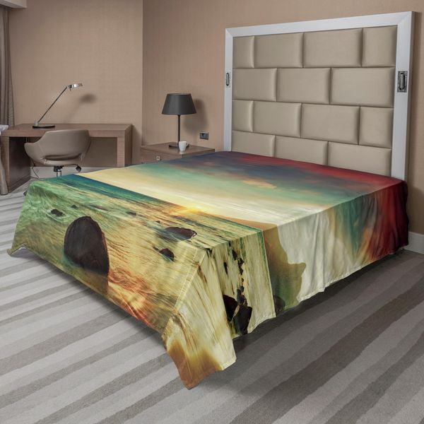 Abakuhaus Lenzuolo Da Letto, Alba Sul Mare Acqua Tropicale Spiaggia Dorata Con Rocce Cielo Natura, Morbido E Confortevole Lenzuolo Superiore Per Un Letto Decorativo 1 Pezzo 275 Cm X 260 Cm, Crema Blu-image
