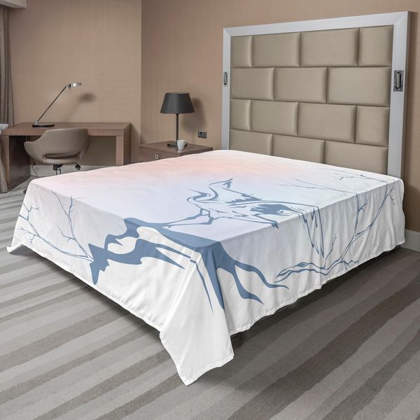 Abakuhaus Lenzuolo Asiatico, Paesaggio Invernale Con Gru Su Un Ramo, Uccello, Tema Natura, Stampa Artistica Monocromatica, Lenzuolo Morbido E Confortevole Per Un Letto Decorativo, 1 Pezzo, 275 Cm X 260 Cm, Blu Rosa-image