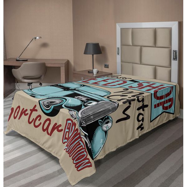 Abakuhaus Lenzuolo Retrò, Stampa Pubblicitaria Nostalgica Auto Sportiva D'epoca In Design Retrò Color Ruggine, Lenzuolo Morbido E Confortevole Per Un Letto Decorativo 1 Pezzo 260 Cm X 168 Cm, Verde Acqua Rosso-Marrone-image