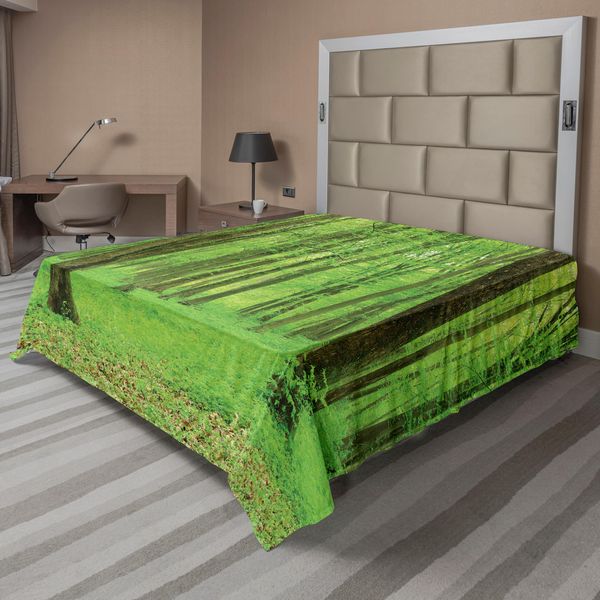 Abakuhaus Lenzuolo Da Letto Bosco, Bosco Primaverile In Una Giornata Di Sole Colori Freschi E Tenui Come Una Foglia Da Sogno Stampa, Lenzuolo Superiore Morbido E Confortevole Per Un Letto Decorativo 1 Pezzo 275 Cm X 260 Cm, Verde Marrone-image