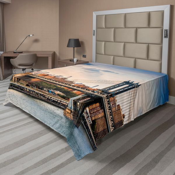 Abakuhaus New York Lenzuolo, Manhattan Bridge E Skyline Di New York Al Tramonto East River Highrise Buildings, Morbido E Confortevole Lenzuolo Superiore Per Un Letto Decorativo 1 Pezzo 266 Cm X 260 Cm, Multicolore-image