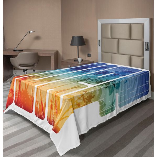 Abakuhaus Lenzuolo Da Letto Surf, Lettere Retrò Estive Sul Surf, La Costa Con Palme Sport Estremi Arte Riflessione, Morbido E Comodo Lenzuolo Superiore Per Un Letto Decorativo 1 Pezzo 260 Cm X 168 Cm, Blu Navy Arancione-image