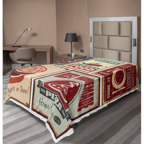 Abakuhaus Lenzuolo Retrò, Insegne Nostalgiche In Latta E Cibo Messicano Stampato In Stile Logo Pubblicitario Vintage, Morbido E Confortevole Lenzuolo Superiore Per Un Letto Decorativo 1 Pezzo 190 Cm X 100 Cm, Multicolore-image