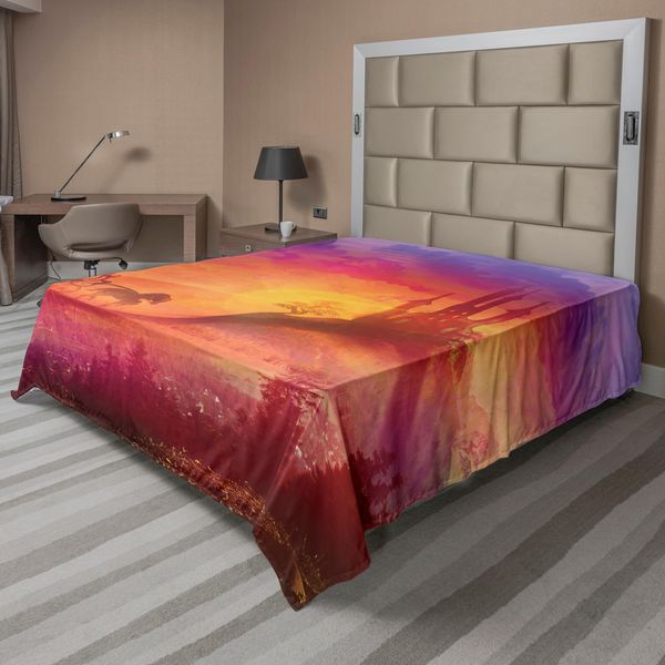 Abakuhaus Lenzuolo Fantasia, Castello Medievale Gotico E Carrozza Fantasy Con Stampa Immagine Regno, Lenzuolo Morbido E Confortevole Per Un Letto Decorativo 1 Pezzo 266 Cm X 260 Cm, Viola Arancione-image