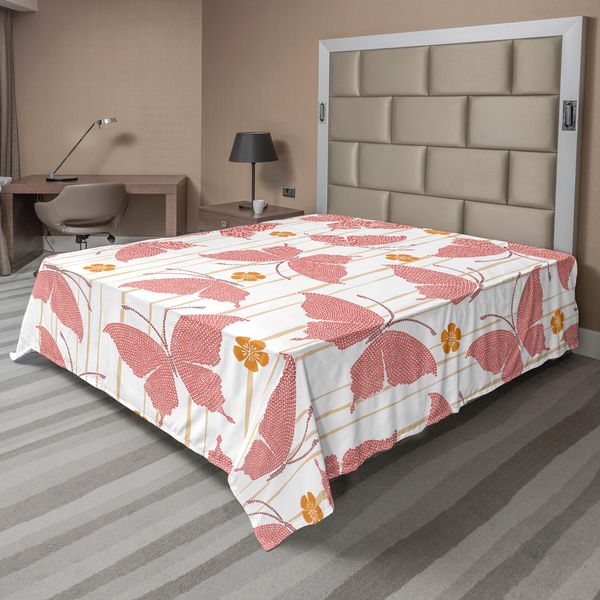 Abakuhaus Lenzuolo A Farfalle, Motivo Con Farfalle E Piccoli Fiori Con Pois E Righe Digitali, Lenzuolo Morbido E Confortevole Per Un Letto Decorativo 1 Pezzo 244 Cm X 205 Cm, Rosso Arancione Crema-image
