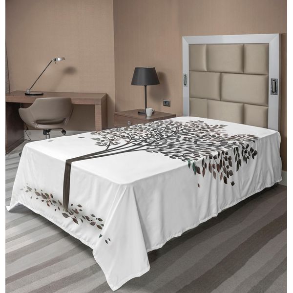 Abakuhaus Albero Della Vita Lenzuolo, Illustrazione Autunnale Con Foglie Che Cadono, Stampa Artistica Stagionale, Lenzuolo Morbido E Confortevole Per Un Letto Decorativo, 1 Pezzo, 260 Cm X 168 Cm, Marrone E Bianco-image