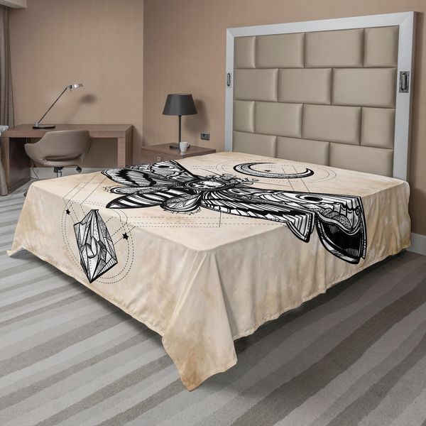 Abakuhaus Lenzuolo Fantasia, Teschio Falco Falena Con Luna E Pietra Teschio Spirituale Magico, Lenzuolo Morbido E Confortevole Per Un Letto Decorativo 1 Pezzo 260 Cm X 228 Cm, Bianco Nero E Crema-image
